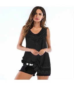 New Women Sleeveless Blouse Crochet Lace Hollow Out Solid Color Casual Elegant Vest Top Pullover