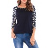 Women T-shirt Contrast Splicing Flower Print 3/4 Raglan Sleeve Round Neck Casual Spring Autumn Tops