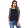 Women T-shirt Contrast Splicing Flower Print 3/4 Raglan Sleeve Round Neck Casual Spring Autumn Tops