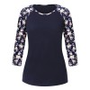 Women T-shirt Contrast Splicing Flower Print 3/4 Raglan Sleeve Round Neck Casual Spring Autumn Tops