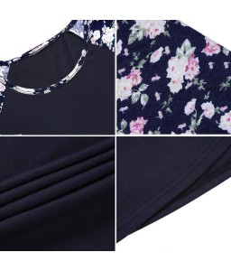 Women T-shirt Contrast Splicing Flower Print 3/4 Raglan Sleeve Round Neck Casual Spring Autumn Tops