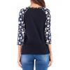 Women T-shirt Contrast Splicing Flower Print 3/4 Raglan Sleeve Round Neck Casual Spring Autumn Tops