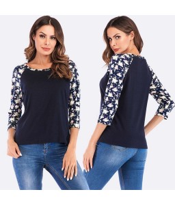 Women T-shirt Contrast Splicing Flower Print 3/4 Raglan Sleeve Round Neck Casual Spring Autumn Tops