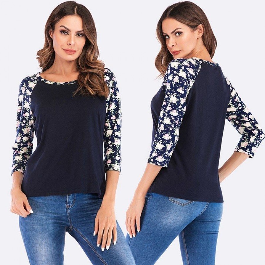 Women T-shirt Contrast Splicing Flower Print 3/4 Raglan Sleeve Round Neck Casual Spring Autumn Tops