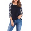 Women T-shirt Contrast Splicing Flower Print 3/4 Raglan Sleeve Round Neck Casual Spring Autumn Tops