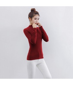 Fashion Women Autumn Solid Color T-Shirt Half Collar Long Sleeve Thin Elastic Slim Bottoming Top