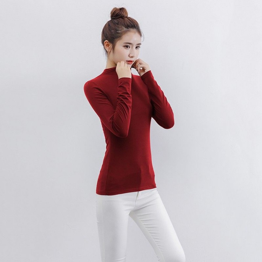 Fashion Women Autumn Solid Color T-Shirt Half Collar Long Sleeve Thin Elastic Slim Bottoming Top