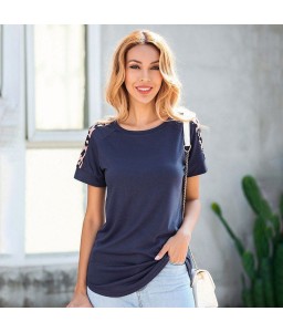 Women T-shirt Color Block Patchwork Leopard Print Round Neck Raglan Sleeve Irregular Hemline Casual Tops