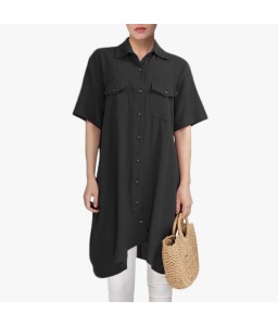 New Women Long Blouse Irregular Hem Short Sleeves Pockets Loose Casual Vintage Top Shirt Dress