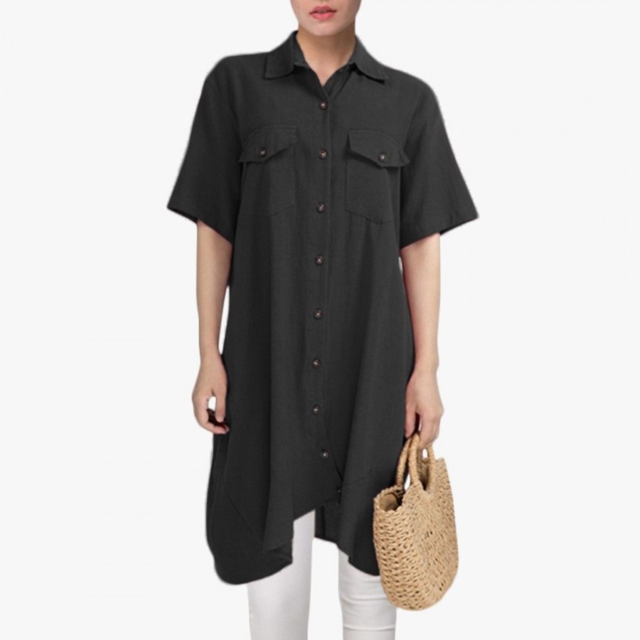 New Women Long Blouse Irregular Hem Short Sleeves Pockets Loose Casual Vintage Top Shirt Dress