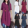 New Women Long Blouse Irregular Hem Short Sleeves Pockets Loose Casual Vintage Top Shirt Dress