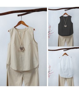 Fashion Women Irregular Blouse Plus Size Tank Tops Casual Cotton Linen Sleeveless Solid Summer Tee Tunic Basic Tops Khaki/White