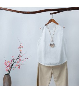 Fashion Women Irregular Blouse Plus Size Tank Tops Casual Cotton Linen Sleeveless Solid Summer Tee Tunic Basic Tops Khaki/White