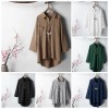 Women Vintage Cotton Linen Blouse Casual Shirt Solid Turn-down Collar Half Sleeves Button Loose Outwear Asymmetry Hem Elegant Tops