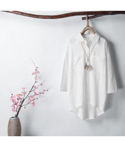 Women Vintage Cotton Linen Blouse Casual Shirt Solid Turn-down Collar Half Sleeves Button Loose Outwear Asymmetry Hem Elegant Tops