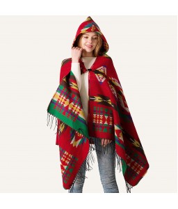 Vintage Women Autumn Hooded Cloak Geometric Buckle Tassel Warm Bohemian Casual Poncho