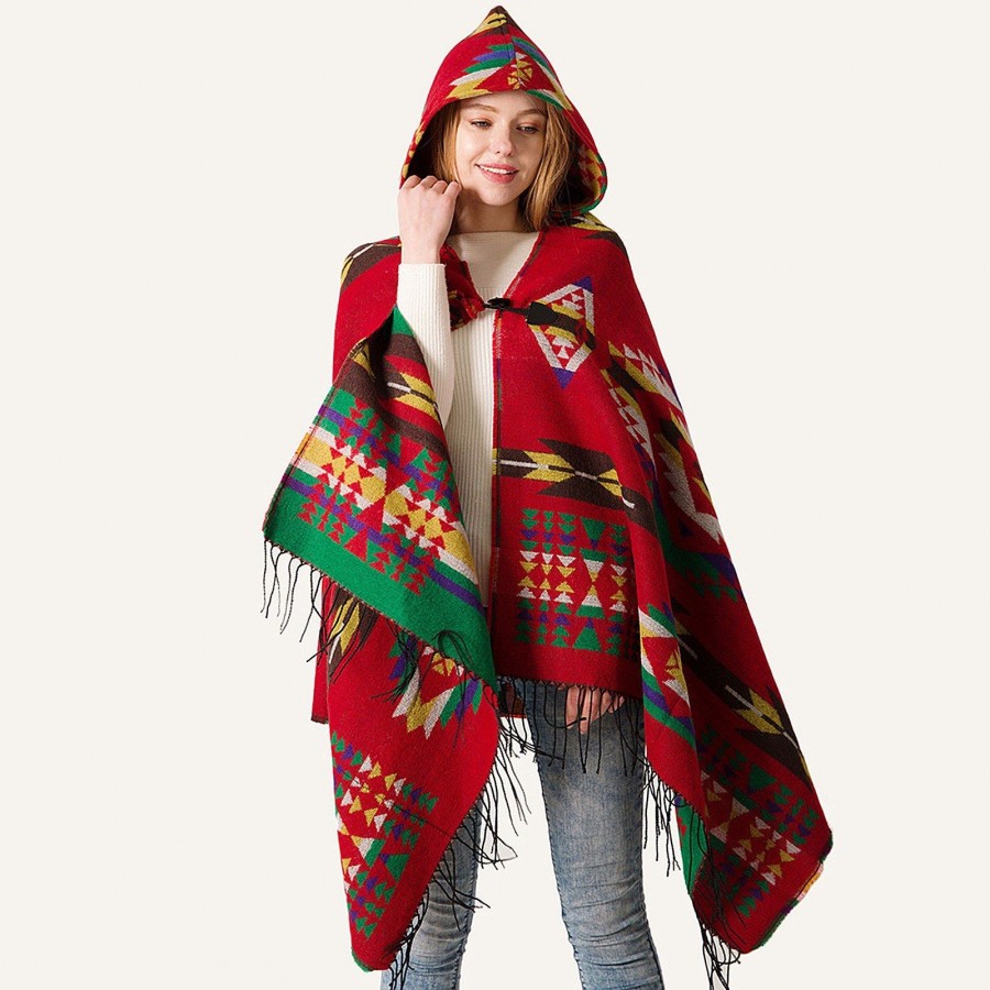 Vintage Women Autumn Hooded Cloak Geometric Buckle Tassel Warm Bohemian Casual Poncho