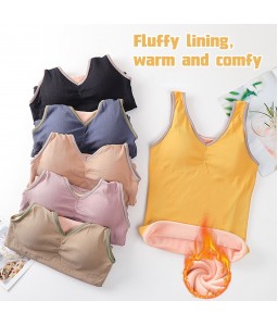 Women Winter Vest Fluffy Thick Warm Removable Pad V Neck Slim Thermal Underwear Camisole