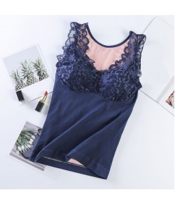 Women Winter Camisole Fleece Lined V Neck Lace Removable Pad Slim Thermal Vest Underwear Tank Tops