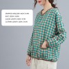 Women Loose Blouse Plaid Print Knitted V-Neck Long Sleeve Pockets Vintage Shirt Casual Tops