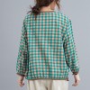 Women Loose Blouse Plaid Print Knitted V-Neck Long Sleeve Pockets Vintage Shirt Casual Tops