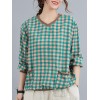 Women Loose Blouse Plaid Print Knitted V-Neck Long Sleeve Pockets Vintage Shirt Casual Tops