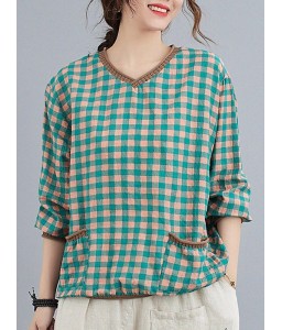 Women Loose Blouse Plaid Print Knitted V-Neck Long Sleeve Pockets Vintage Shirt Casual Tops