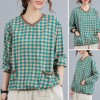 Women Loose Blouse Plaid Print Knitted V-Neck Long Sleeve Pockets Vintage Shirt Casual Tops