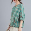 Women Loose Blouse Plaid Print Knitted V-Neck Long Sleeve Pockets Vintage Shirt Casual Tops