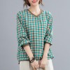 Women Loose Blouse Plaid Print Knitted V-Neck Long Sleeve Pockets Vintage Shirt Casual Tops