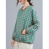 Women Loose Blouse Plaid Print Knitted V-Neck Long Sleeve Pockets Vintage Shirt Casual Tops