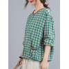 Women Loose Blouse Plaid Print Knitted V-Neck Long Sleeve Pockets Vintage Shirt Casual Tops