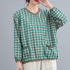 Women Loose Blouse Plaid Print Knitted V-Neck Long Sleeve Pockets Vintage Shirt Casual Tops