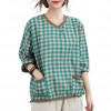 Women Loose Blouse Plaid Print Knitted V-Neck Long Sleeve Pockets Vintage Shirt Casual Tops