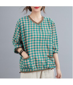 Women Loose Blouse Plaid Print Knitted V-Neck Long Sleeve Pockets Vintage Shirt Casual Tops