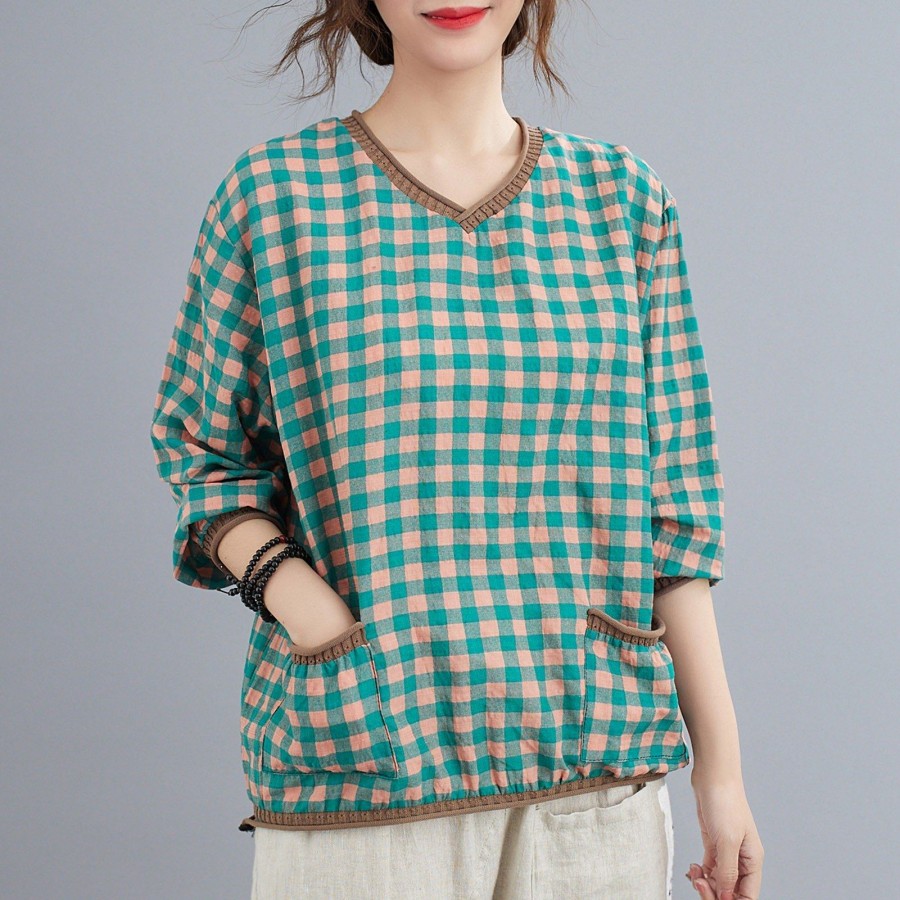 Women Loose Blouse Plaid Print Knitted V-Neck Long Sleeve Pockets Vintage Shirt Casual Tops