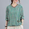 Women Loose Blouse Plaid Print Knitted V-Neck Long Sleeve Pockets Vintage Shirt Casual Tops