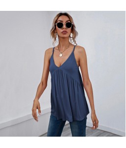 Women Camisole Loose V Neck Strappy Sleeveless Tank-Tops Solid Vest Shirt Spring Summer Beach