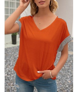 Women Striped Splicing Loose T-shirt V Neck Dropped Shoulder Short Sleeve Summer Blouse Casual Tops