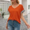 Women Striped Splicing Loose T-shirt V Neck Dropped Shoulder Short Sleeve Summer Blouse Casual Tops