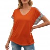 Women Striped Splicing Loose T-shirt V Neck Dropped Shoulder Short Sleeve Summer Blouse Casual Tops