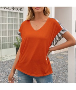 Women Striped Splicing Loose T-shirt V Neck Dropped Shoulder Short Sleeve Summer Blouse Casual Tops