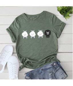 Women T-shirt Cute Sheep Print Short Sleeve O Neck Plus Size Casual Tops S-5XL