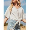 Women Blouse Lace Trim V Neck Tie Knot Half Sleeve T Shirt Casual Loose Elegant Blouse Tops