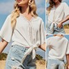 Women Blouse Lace Trim V Neck Tie Knot Half Sleeve T Shirt Casual Loose Elegant Blouse Tops