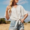 Women Blouse Lace Trim V Neck Tie Knot Half Sleeve T Shirt Casual Loose Elegant Blouse Tops