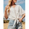 Women Blouse Lace Trim V Neck Tie Knot Half Sleeve T Shirt Casual Loose Elegant Blouse Tops