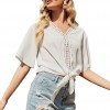 Women Blouse Lace Trim V Neck Tie Knot Half Sleeve T Shirt Casual Loose Elegant Blouse Tops