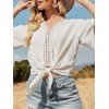 Women Blouse Lace Trim V Neck Tie Knot Half Sleeve T Shirt Casual Loose Elegant Blouse Tops