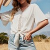 Women Blouse Lace Trim V Neck Tie Knot Half Sleeve T Shirt Casual Loose Elegant Blouse Tops